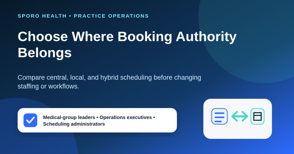 Medical-group leaders compare centralized, decentralized, and hybrid appointment scheduling authority across clinic locations.