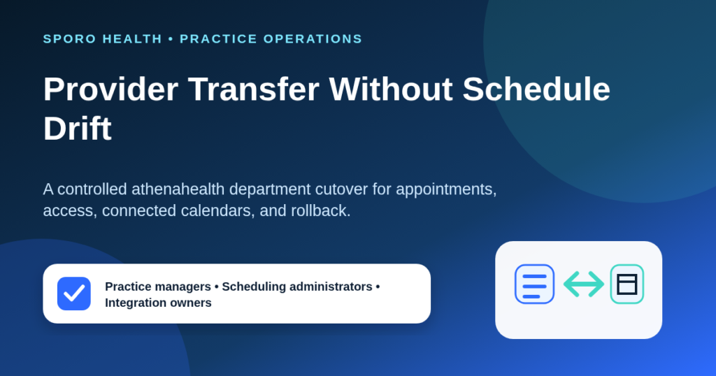Checklist graphic showing an active provider moving between athenahealth departments with schedule-continuity controls.