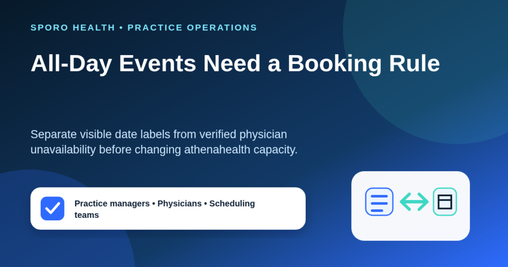 Decision guide cover showing practice managers evaluating all-day physician calendar events before changing athenahealth availability.