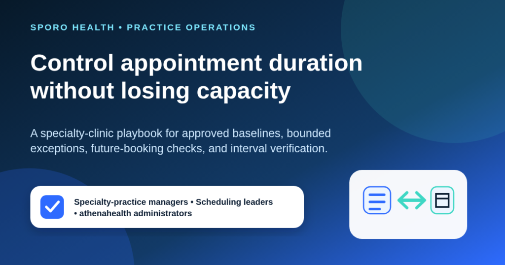 Specialty scheduling leaders reviewing appointment-duration standards, exceptions, resources, and future bookings.