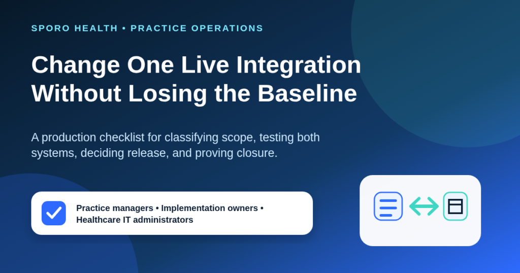 Production change-control checklist linking an approved calendar integration baseline to testing, release, rollback, and verified closure.