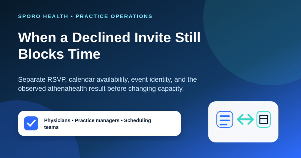 Physician, practice manager, and scheduling team reviewing a declined invitation against busy and free status.